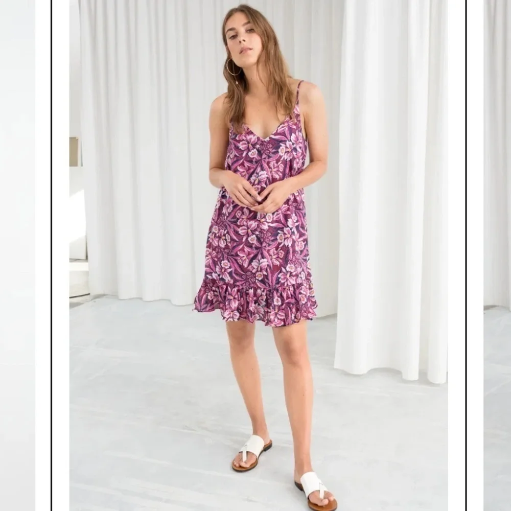 & Other Stories Dress Drop Waist Shoulder Straps Ruffle Bottom Floral Slip Dress